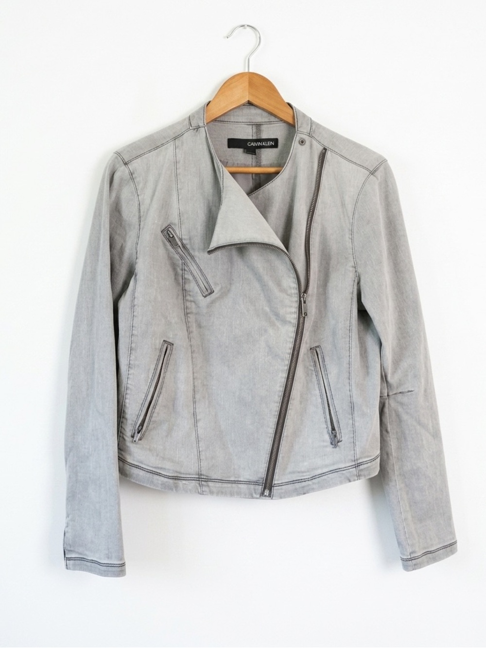 CALVIN KLEIN JEANS Women's Grey Asymmetrical Denim Zip Jacket
